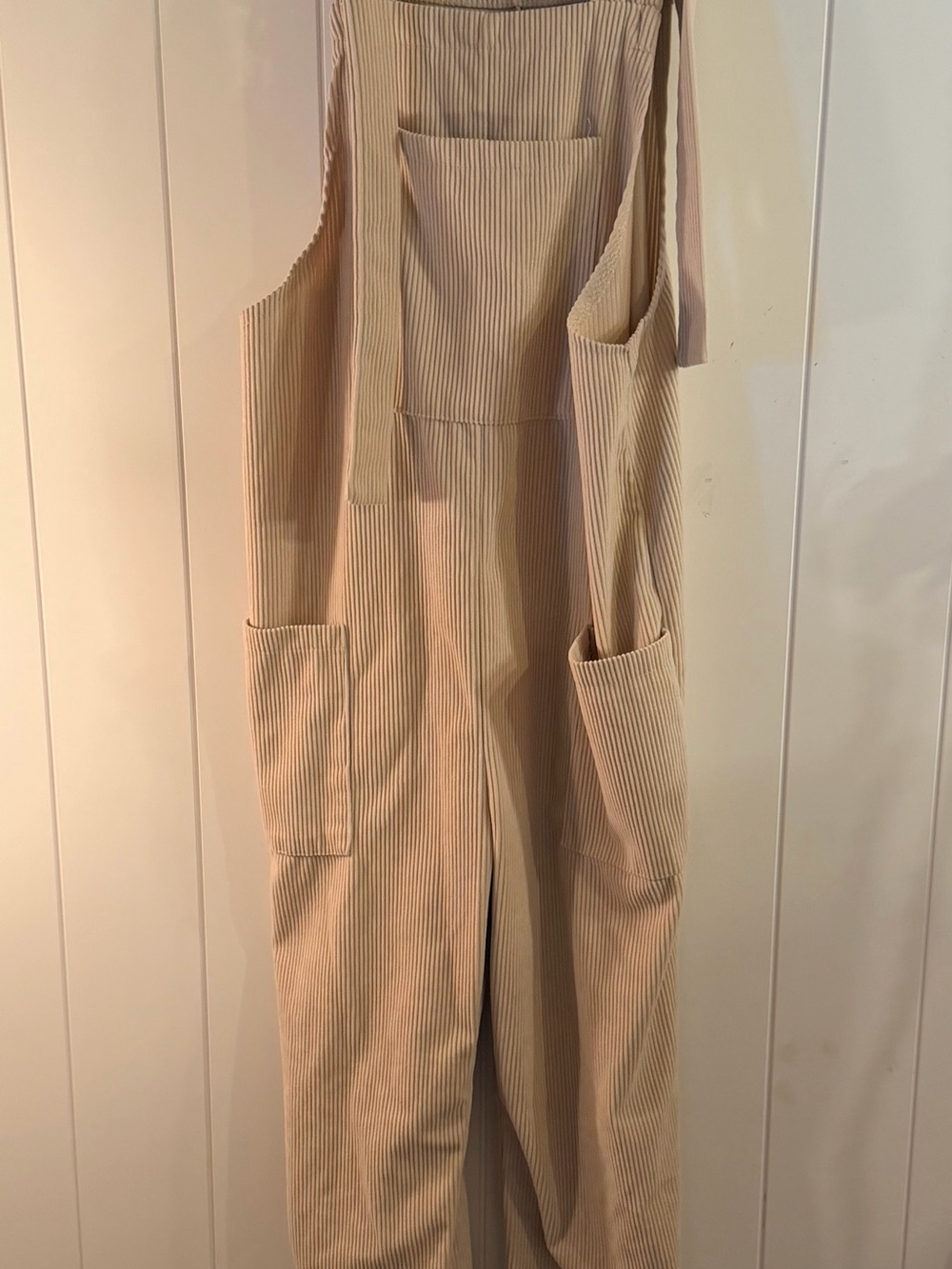Striped Beige Women’s Overalls with Utility Pockets